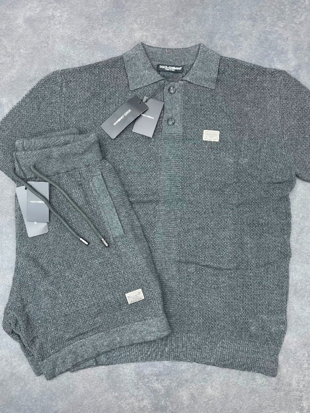 Dolce & Gabbana Men’s Gray Knit Polo Shirt & Shorts Set- Size Small